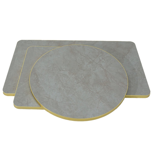 Gold Aluminium Edge HPL Laminate Tabletop in Blue Mist Quartz Complete Table with Black Cavallo 450 Table Base