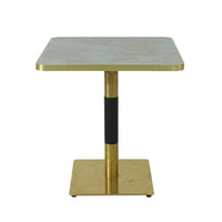 Gold Aluminium Edge HPL Laminate Tabletop in Blue Mist Quartz Complete Table with Brass Square Steel Indoor Table Base