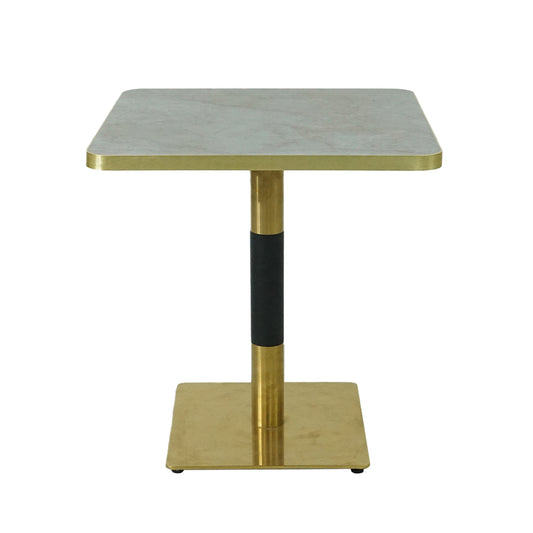 Gold Aluminium Edge HPL Laminate Tabletop in Blue Mist Quartz Complete Table with Brass Square Steel Indoor Table Base