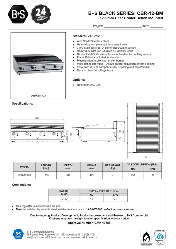 B+S Black CBR-12BM - Bench Mounted Char Broiler