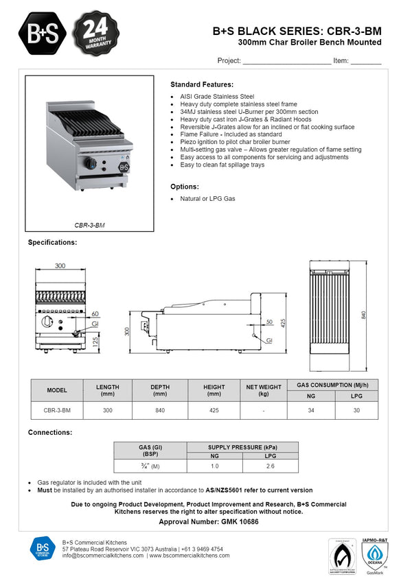 B+S Black CBR-3BM - Bench Mounted Char Broiler