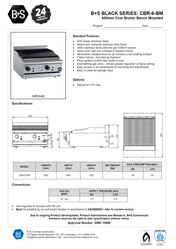 B+S Black CBR-6BM - Bench Mounted Char Broiler