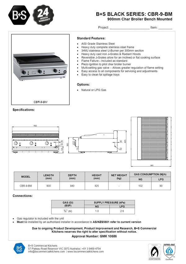 B+S Black CBR-9BM - Bench Mounted Char Broiler