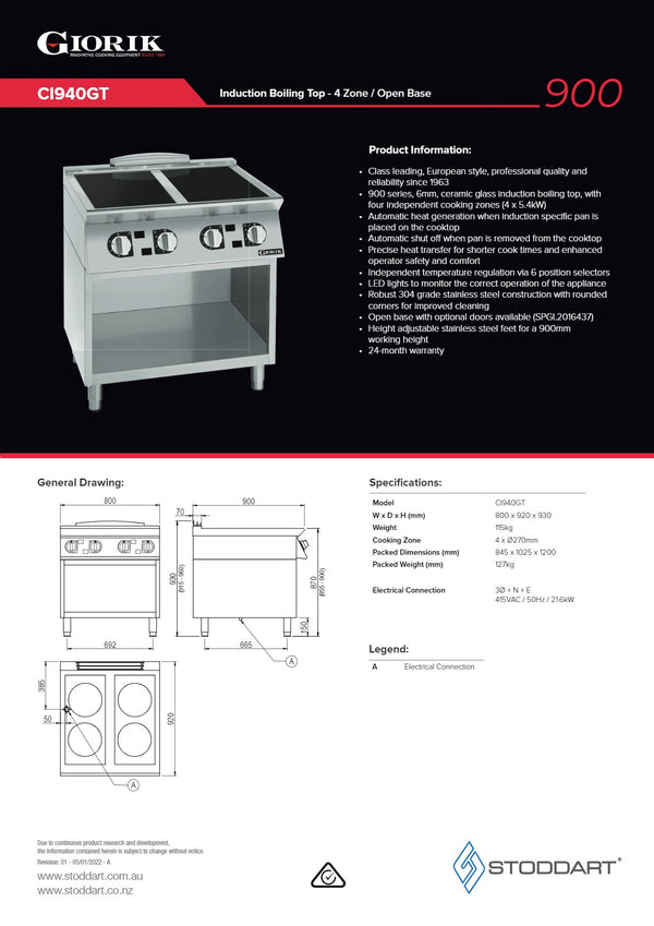 Giorik CI940GT - Induction Cook Top on Open Base