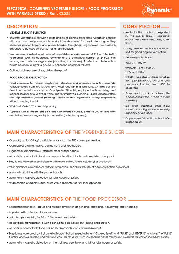 Dynamic CL322 - Combined Vegetable Slicer & Food Processor