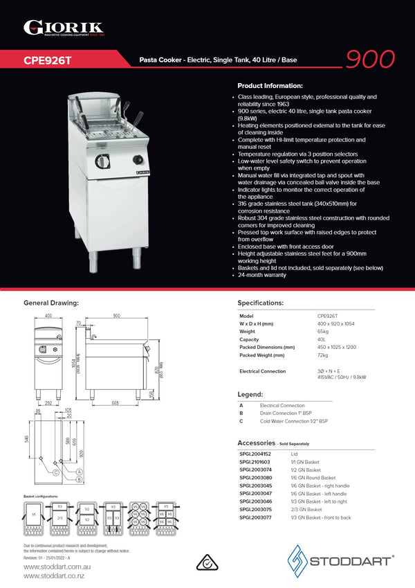 Giorik CPE926T - Single Tank Pasta Cooker