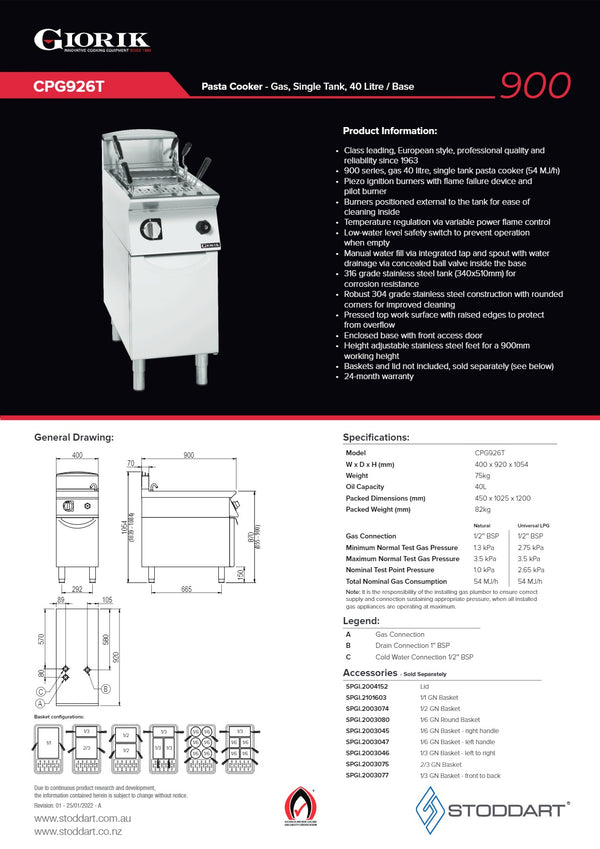 Giorik CPG926T - Single Tank Pasta Cooker