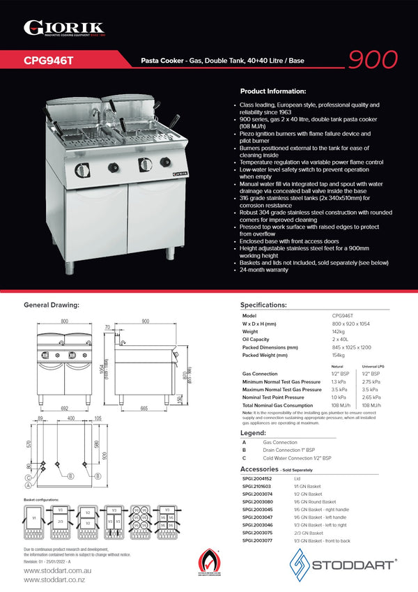 Giorik CPG946T - Double Tank Pasta Cooker