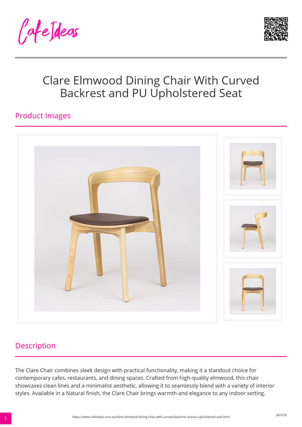 Clare Elmwood Dining Chair with Curved Backrest and PU Upholstered Seat