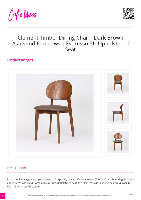 Clement Timber Dining Chair - Dark Brown Ashwood Frame with Espresso PU Upholstered Seat