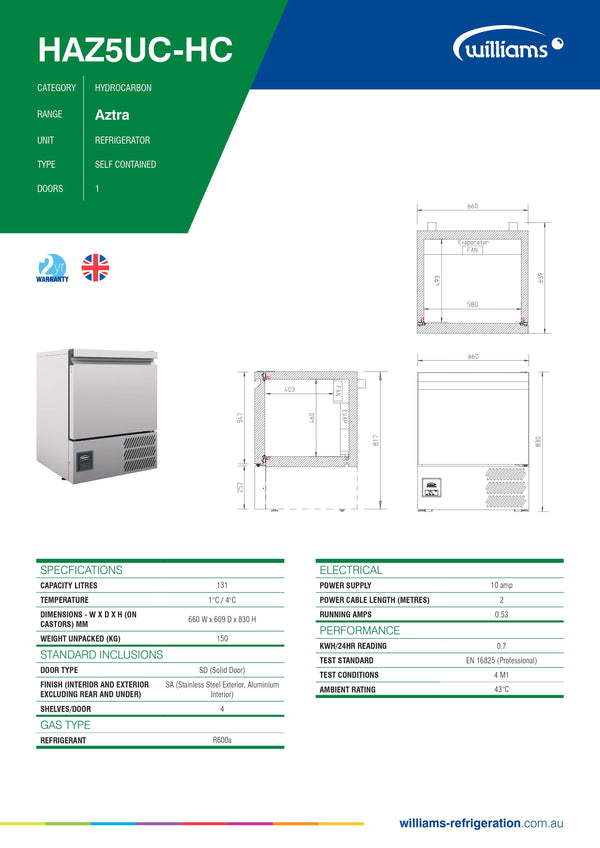 Williams Aztra HAZ5UC-HC - Under Bench Fridge