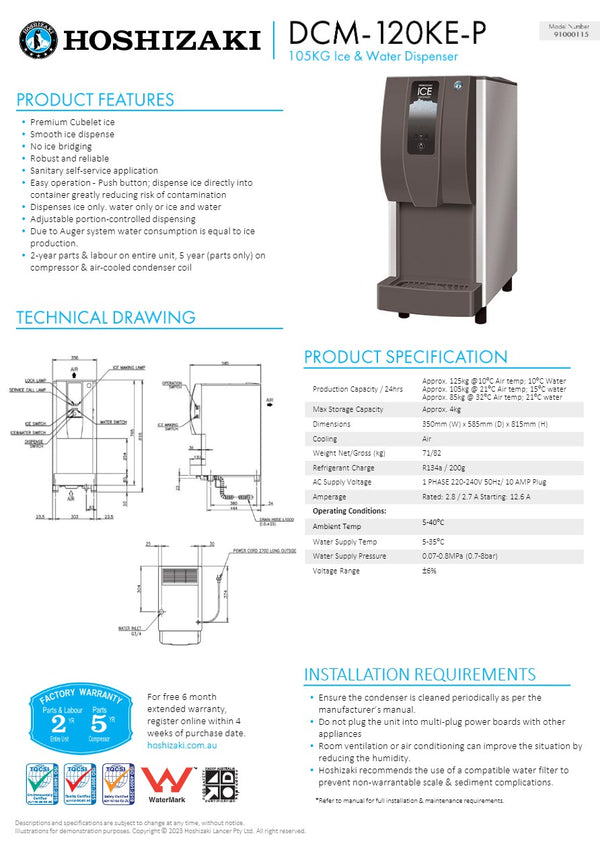 Hoshizaki DCM-120KE-P - Ice & Water Dispenser