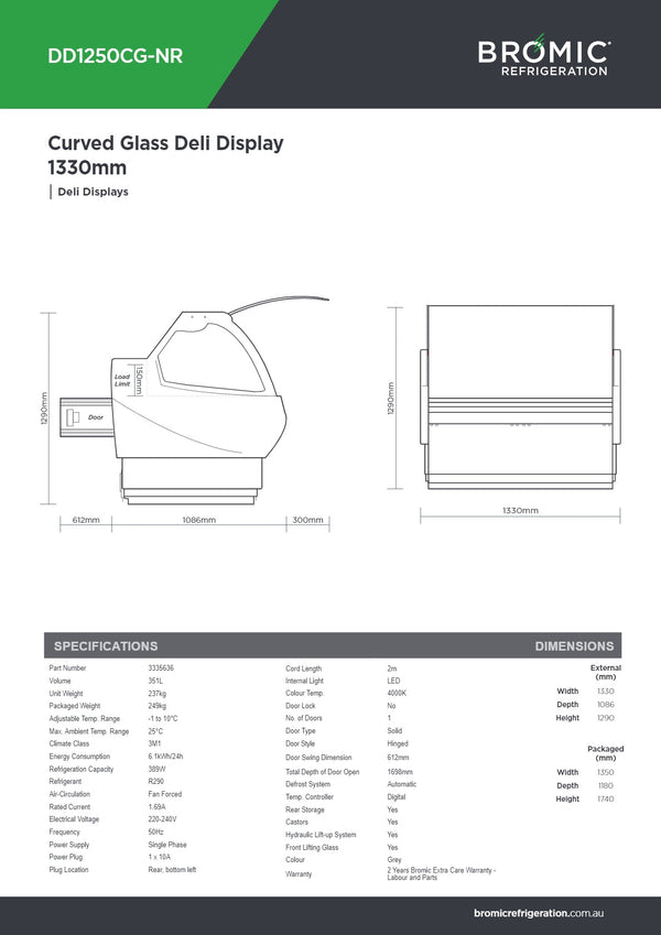 Bromic DD1250CG-NR - Curved Glass Deli Display