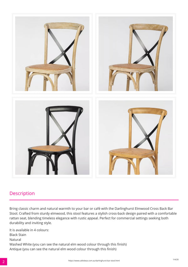 Darlinghurst Elmwood Cross Back Bar Stool with Rattan Seat