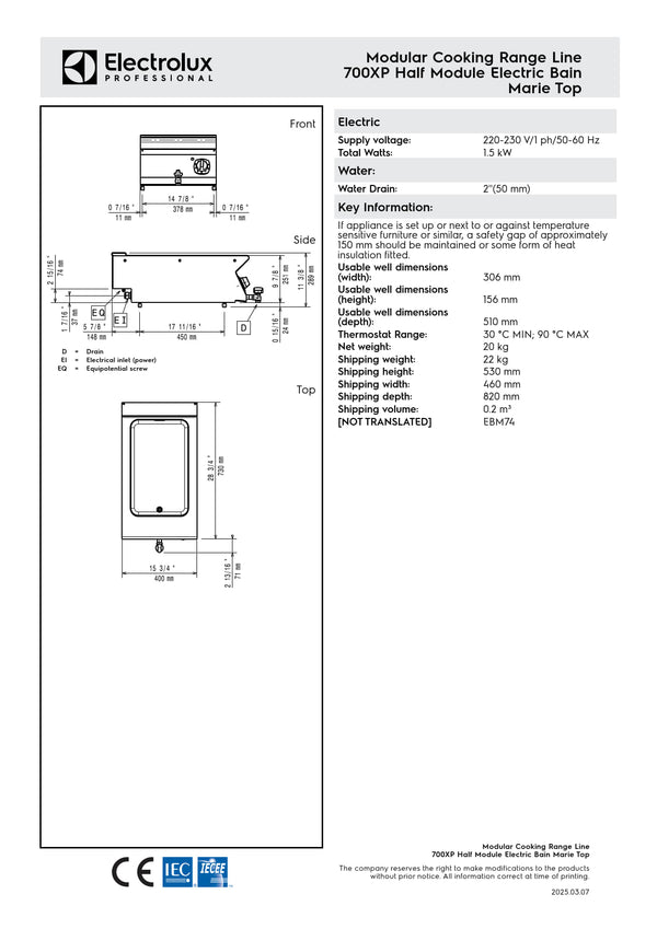 Electrolux Professional 700XP E7BMEDB000 - Half Module Bain Marie Top