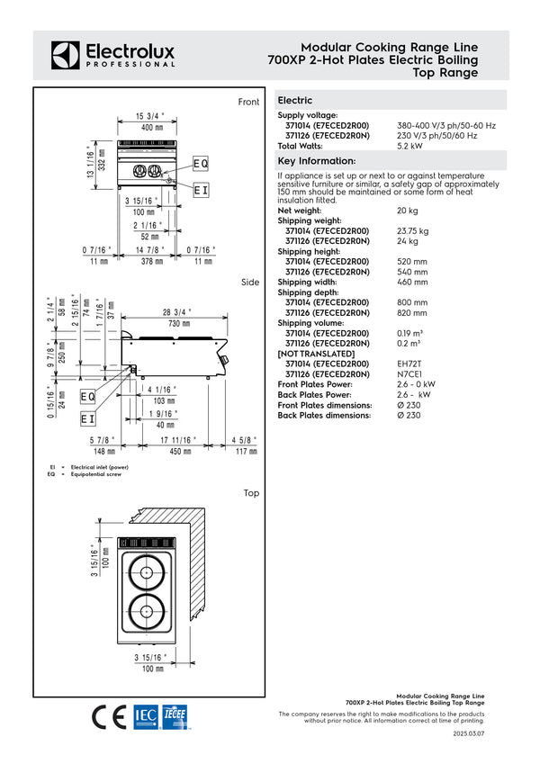 Electrolux Professional 700XP E7ECED2R00 - Two Hob Electric Cook Top