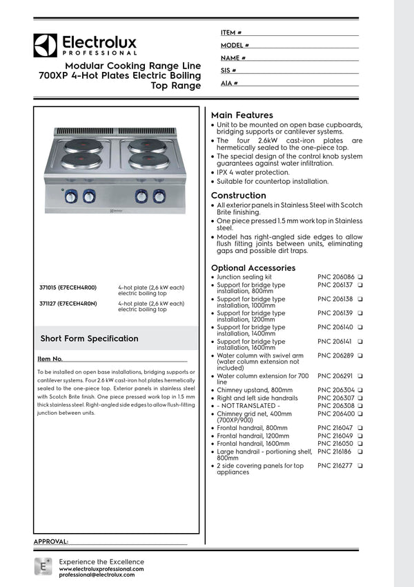 Electrolux Professional 700XP E7ECEH4R00 - Four Hob Electric Cook Top