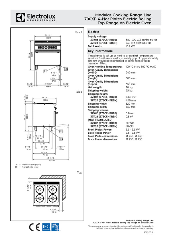 Electrolux Professional 700XP E7ECEH4RE0 - Two Hob Electric Range Oven