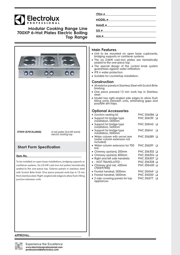 Electrolux Professional 700XP E7ECEL6R00 - Six Hob Electric Cook Top