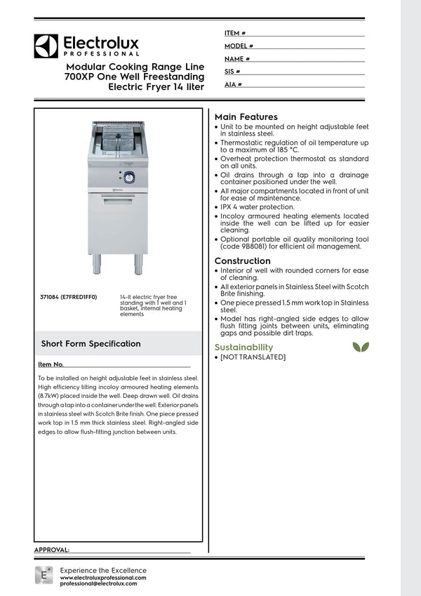 Electrolux Professional 700XP E7FRED1FF0 - Single Pan Electric Fryer