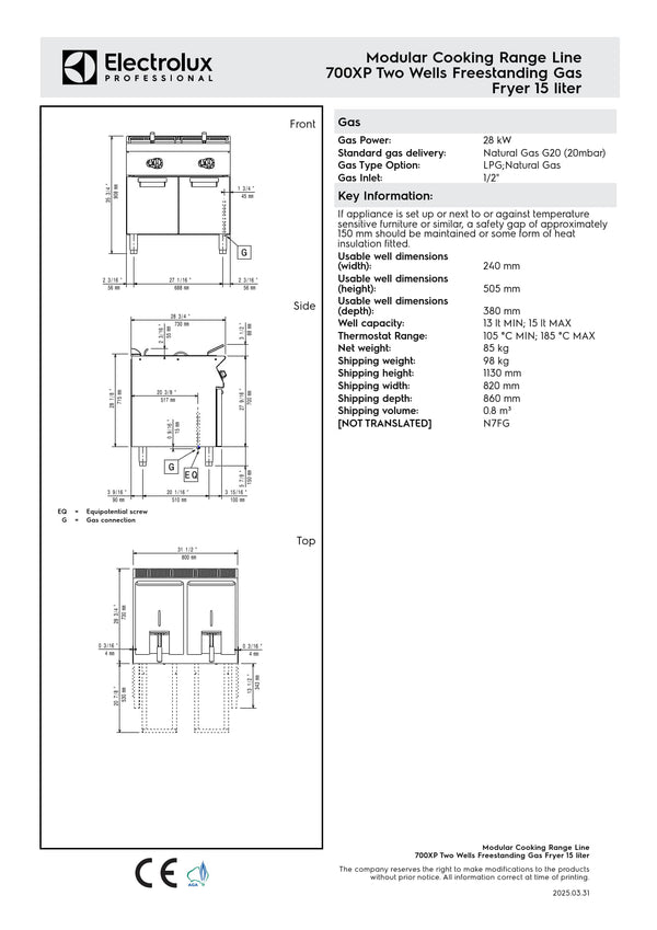 Electrolux Professional 700XP E7FRGH2GF0 - Double Pan Gas Fryer