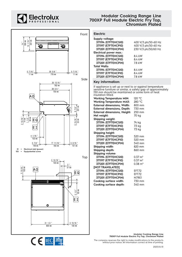 Electrolux Professional 700XP E7FTEHCSI0 - Electric Griddle Plate