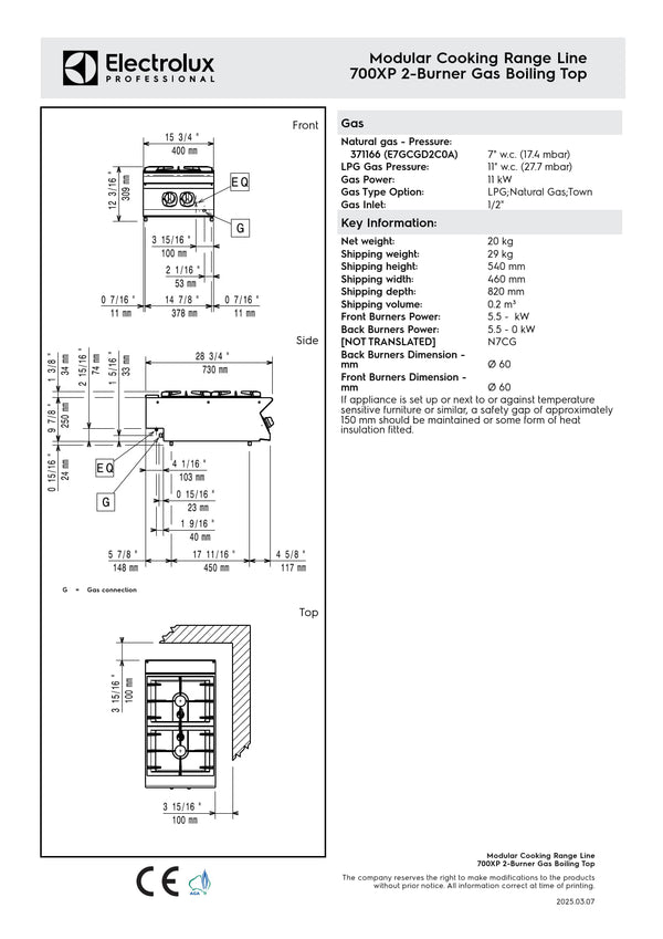 Electrolux Professional 700XP E7GCGD2C0A - Two Burner Gas Cook Top