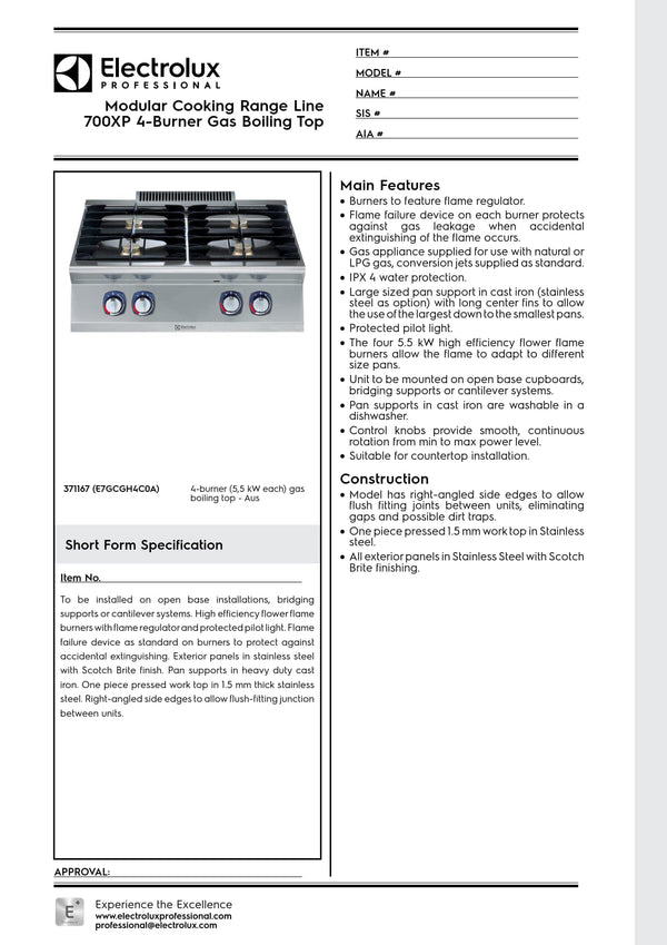 Electrolux Professional 700XP E7GCGH4C0A - Four Burner Gas Cook Top