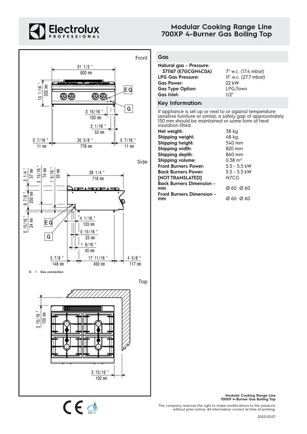 Electrolux Professional 700XP E7GCGH4C0A - Four Burner Gas Cook Top