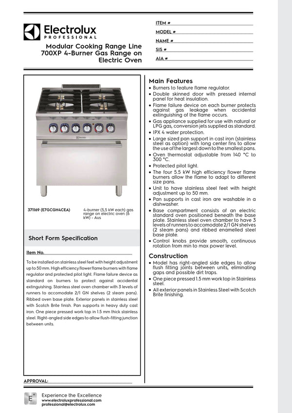 Electrolux Professional 700XP E7GCGH4CEA - Four Burner Range Oven
