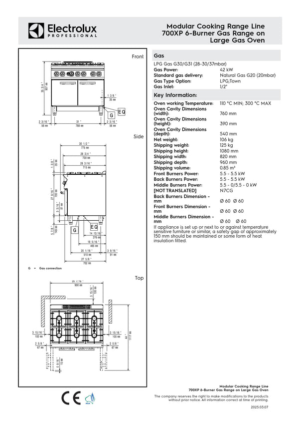 Electrolux Professional 700XP E7GCGI6ClA - Six Burner Range Oven