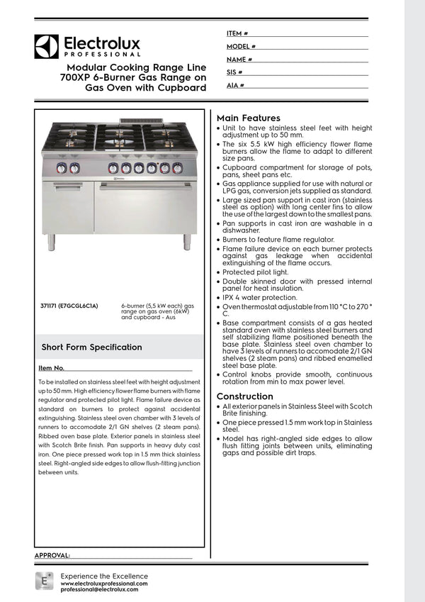 Electrolux Professional 700XP E7GCGL6C1A - Six Burner Range Oven