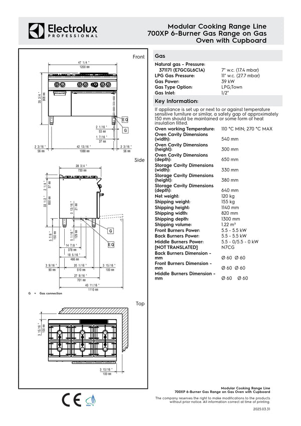 Electrolux Professional 700XP E7GCGL6C1A - Six Burner Range Oven