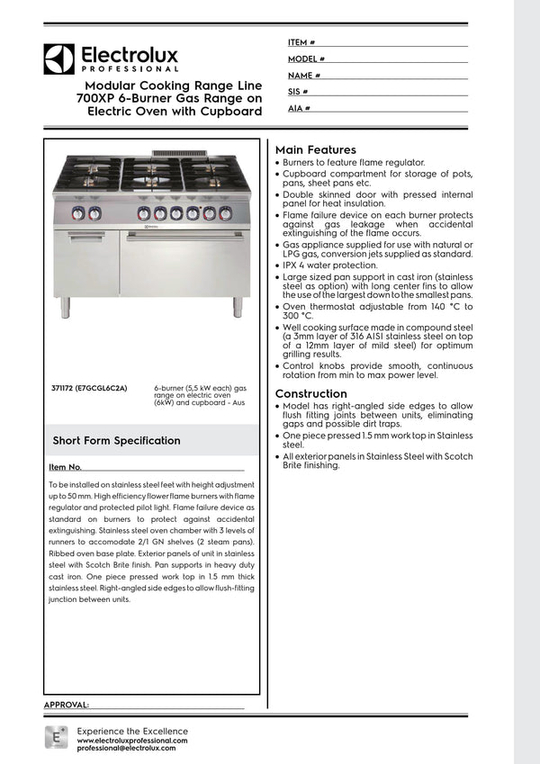 Electrolux Professional 700XP E7GCGL6C2A - Six Burner Range Oven