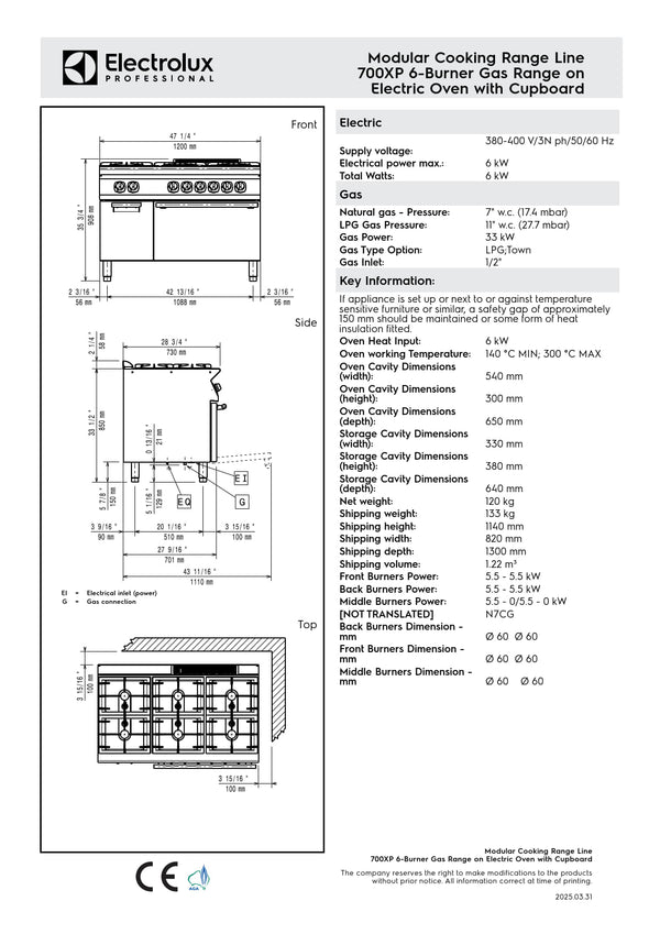 Electrolux Professional 700XP E7GCGL6C2A - Six Burner Range Oven