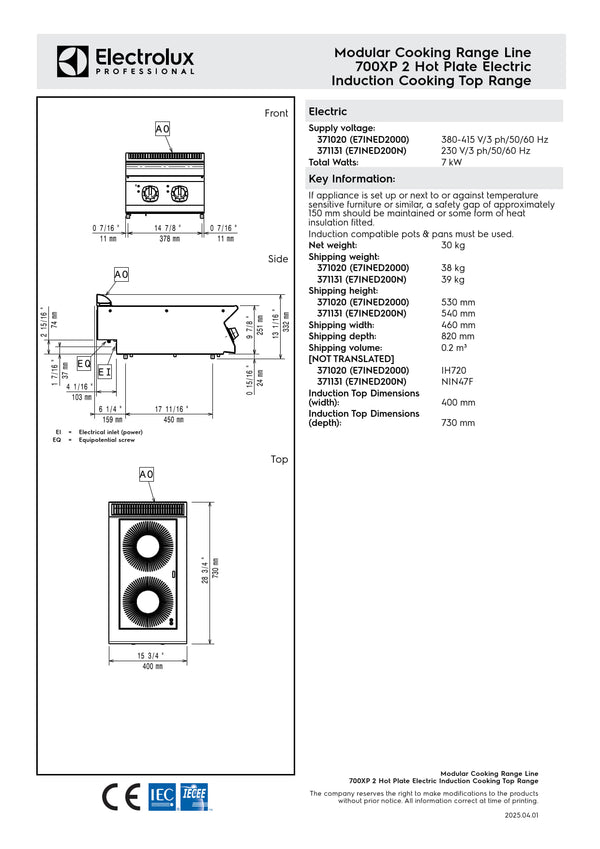 Electrolux Professional 700XP E7INED2000 - Two Zone Induction Cook Top