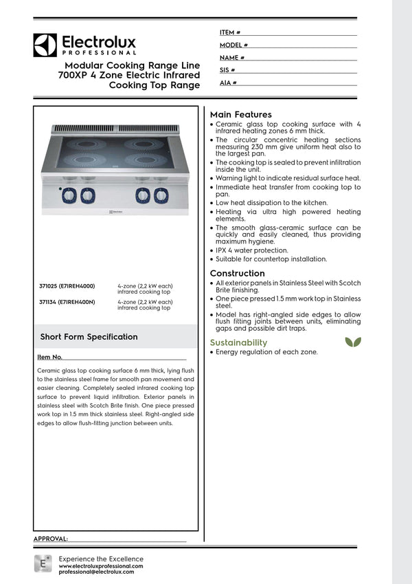 Electrolux Professional 700XP E7IREH4000 - Four Zone Infrared Cook Top