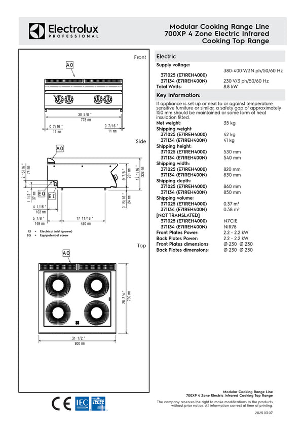 Electrolux Professional 700XP E7IREH4000 - Four Zone Infrared Cook Top