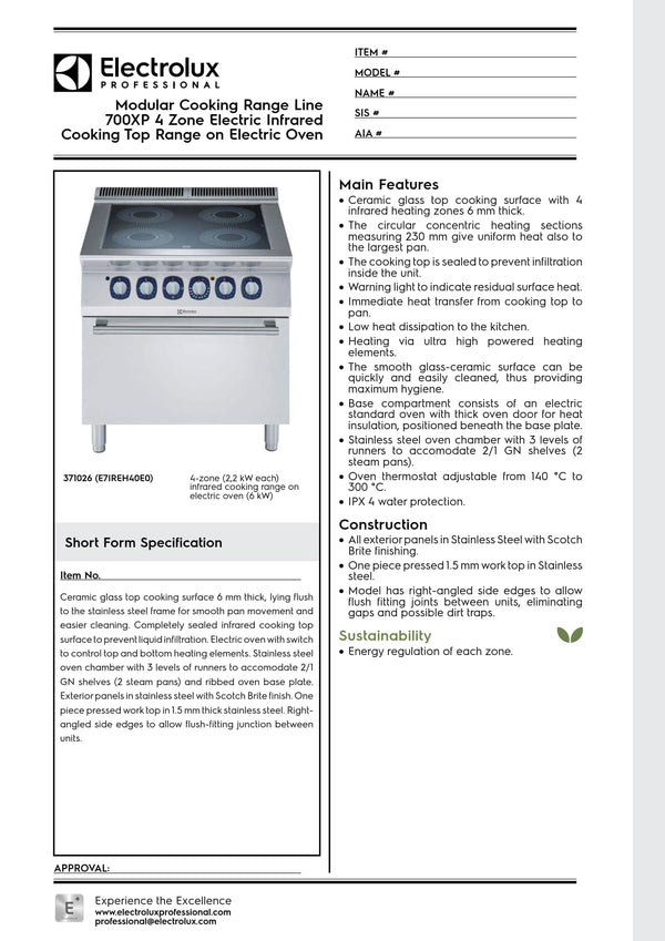 Electrolux Professional 700XP E7IREH40E0 - Four Zone Infrared Cook Top With Oven