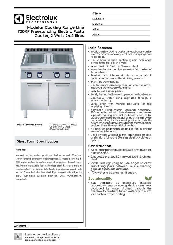 Electrolux Professional 700XP E7OOBDBAME - Double Well Electric Pasta Cooker