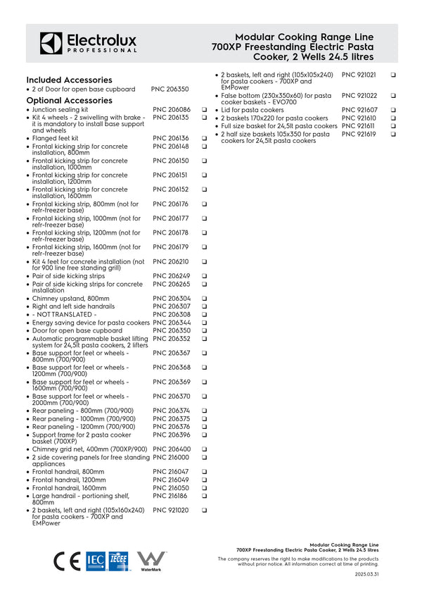 Electrolux Professional 700XP E7OOBDBAME - Double Well Electric Pasta Cooker