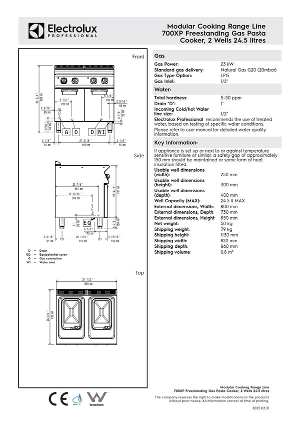 Electrolux Professional 700XP E7OOBSBAME - Double Well Gas Pasta Cooker