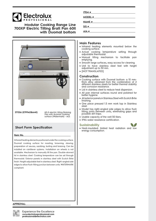 Electrolux Professional 700XP E7PPADBAME - 60 Litre Tilting Bratt Pan