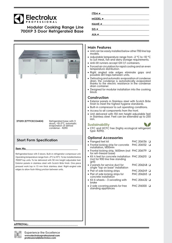 Electrolux Professional 700XP E7TTCECOMKN - Three Door Refrigerated Base