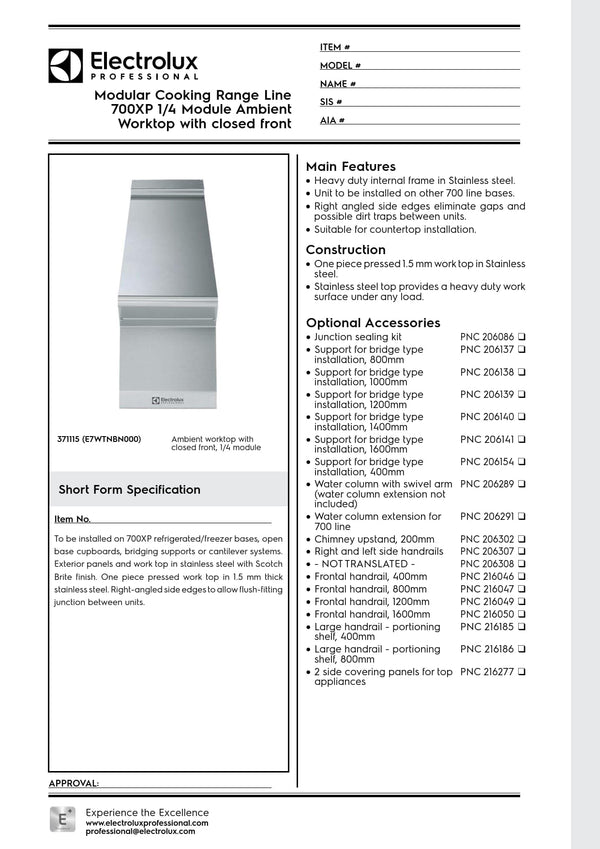 Electrolux Professional 700XP E7WTNBN000 - Neutral Worktop