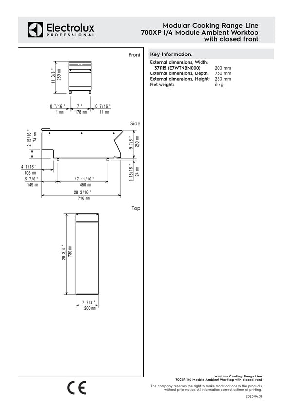 Electrolux Professional 700XP E7WTNBN000 - Neutral Worktop