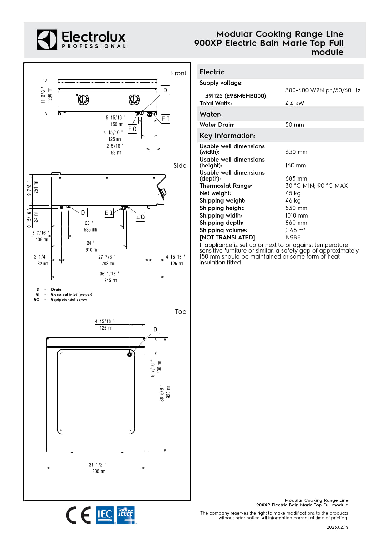 Electrolux Professional 900XP E9BMEHB000 - Full Module Electric Bain Marie Top