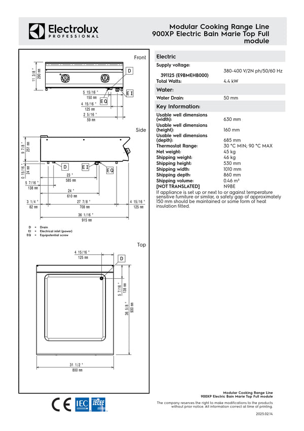 Electrolux Professional 900XP E9BMEHB000 - Full Module Electric Bain Marie Top
