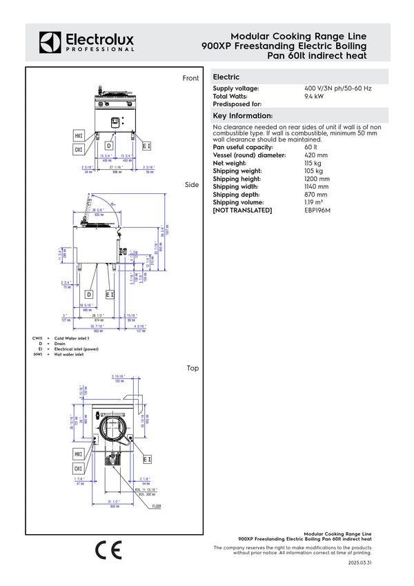 Electrolux Professional 900XP E9BSEHINF0 - 60 Litre Electric Stock Pot