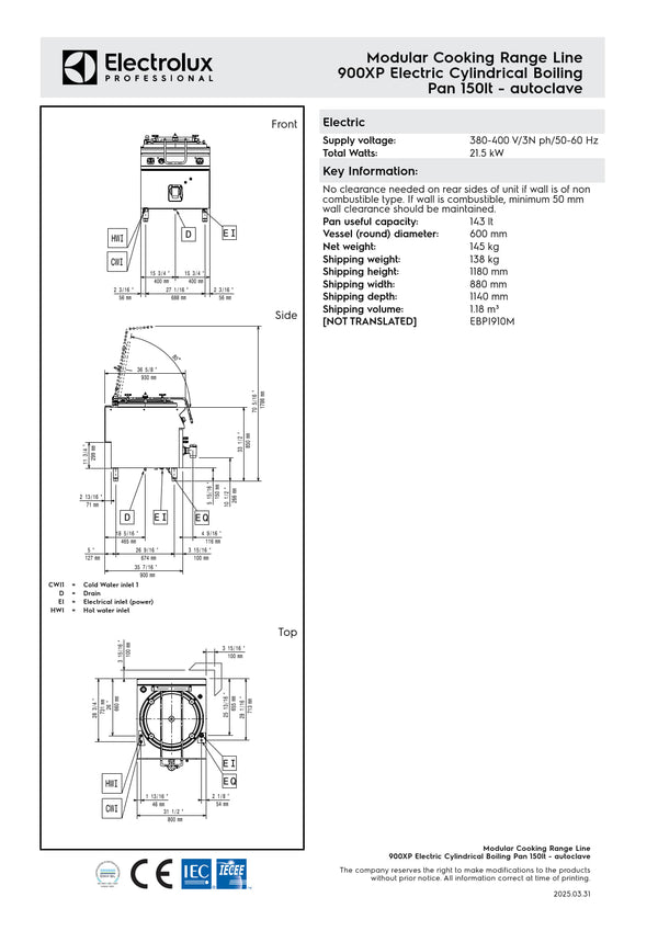 Electrolux Professional 900XP E9BSEHIRFC - 150 Litre Electric Stock Pot